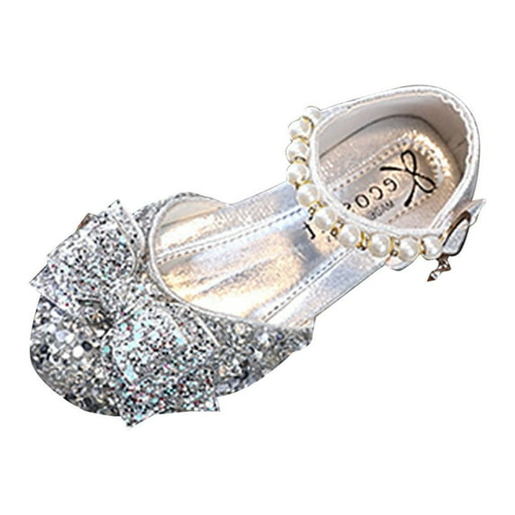 NOLDARES Little Girl's Adorable Sparkle Mary Jane Ballerina Flat Princess Flower Wedding Party Dress Shoes(Silver,5-5.5 Years)