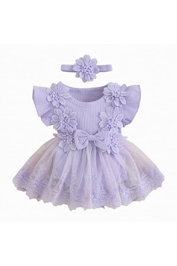 Little Girls A-Line Dress Cute Pattern Short Sleeve Casual Toddler Girl Dresses for Party 1-8 Years(Purple,6-12 Months)