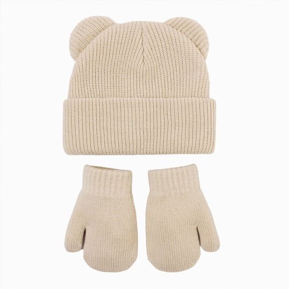 NOLDARES Little Girls Boys Beanie Hat and Glove Set Multicolor Knit Pompom Beanies for Winter Snow Ski Caps(M034-Beige)