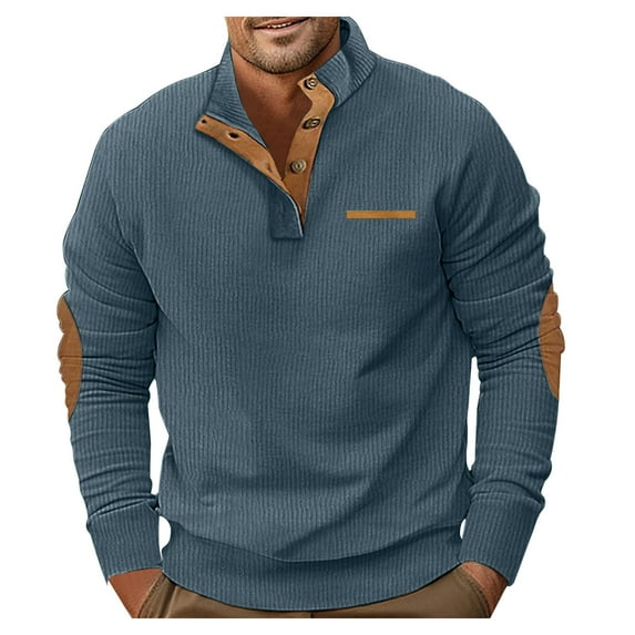 NOLDARES Long Sleeve Shrits for Men Stand Collar Corduroy Sweatshirt Casual Quater Button Pullover Fashion Print Sweatshirts(Z2-Blue,L)