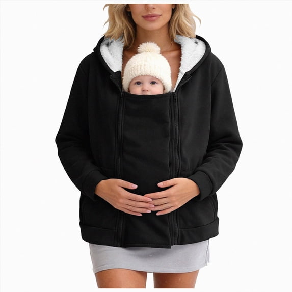 NOLDARES Maternity Coat Women's Kangaroo Sweatshirt for Mom and Baby Carrier Maternity Coat Fleece Jacket 3-In-1 Thicken Fleece Jacket,Zip Panels,Clothing(Q401-Black)