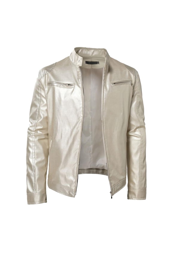 Men Faux Leather Zip Up Jacket Stand Collar Leather Motorcycle Jacket Lightweight Bomber Outwear PU Coat(Z02-Silver,M)