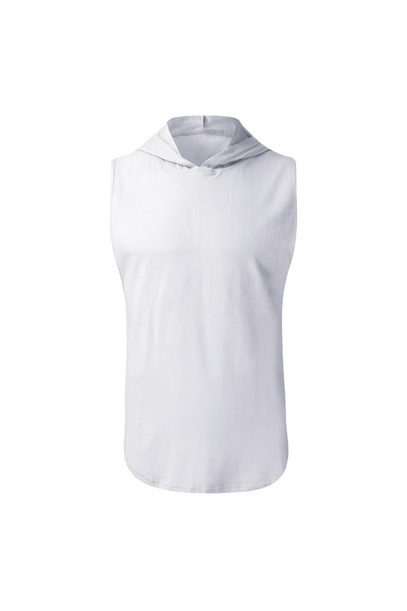 Men's Athletic Sleeveless Hoodie Workout Hooded Tank Top Bodybuilding Muscle Cut Off T-Shirt(White,L)