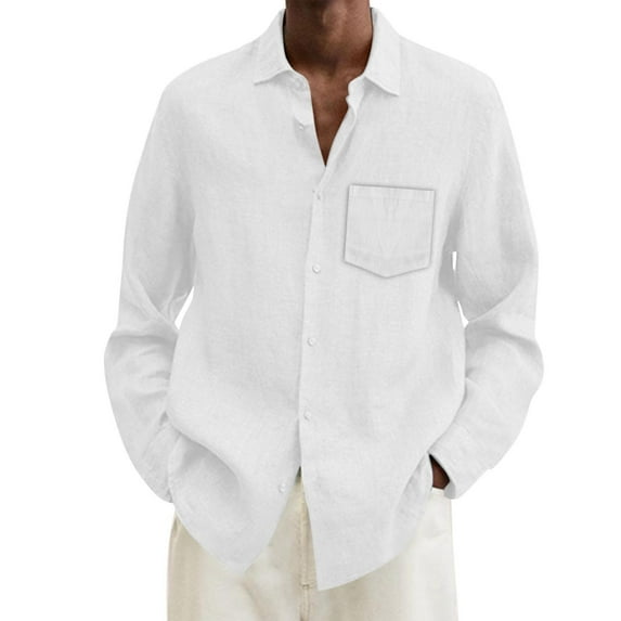 NOLDARES Men's Casual Button Up Shirts Long Sleeve Shirts Regular Fit Linen Shirt(Z05-White,XL)