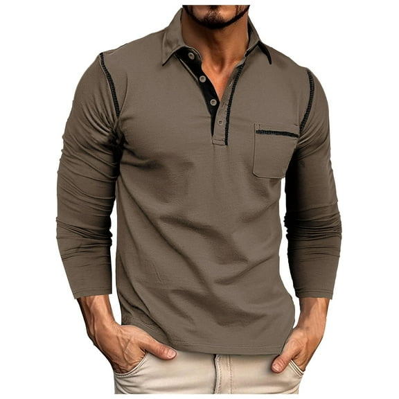 NOLDARES Men's Casual Polo Shirts Classic Long Sleeve Shirt Solid/Color Block Button T-Shirts Cotton Tees Golf Stylish Tops(Brown,S)