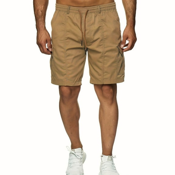 NOLDARES Men's Cotton Full Elastic Waist Cargo Shorts Loose Fit Drawstring Short(Khaki,3XL)