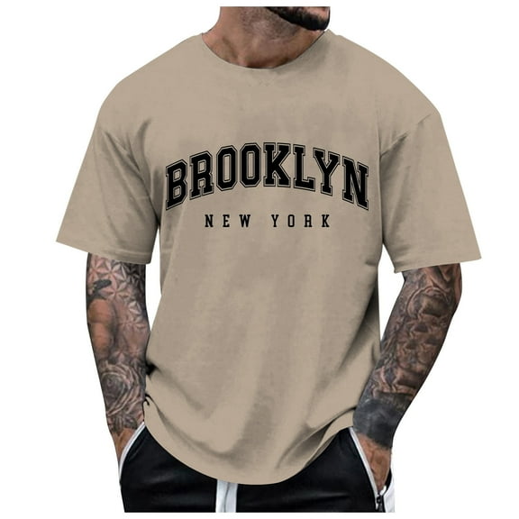 NOLDARES Men's Graphic Tees Letter Print Short Sleeve Classic Tops Crewneck Casual T Shirt(Khaki,S)