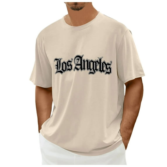 NOLDARES Men's Graphic Tees Vintage Los Angeles Letter Print Summer Shirt Short Sleeve Casual Crewneck Cotton Fashion T Shirt(Khaki,L)