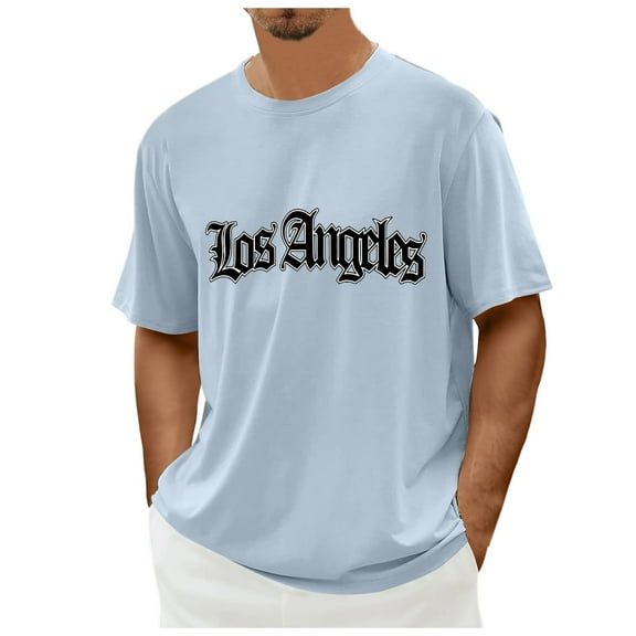 NOLDARES Men's Graphic Tees Vintage Los Angeles Letter Print Summer Shirt Short Sleeve Casual Crewneck Cotton Fashion T Shirt(Light Blue,L)