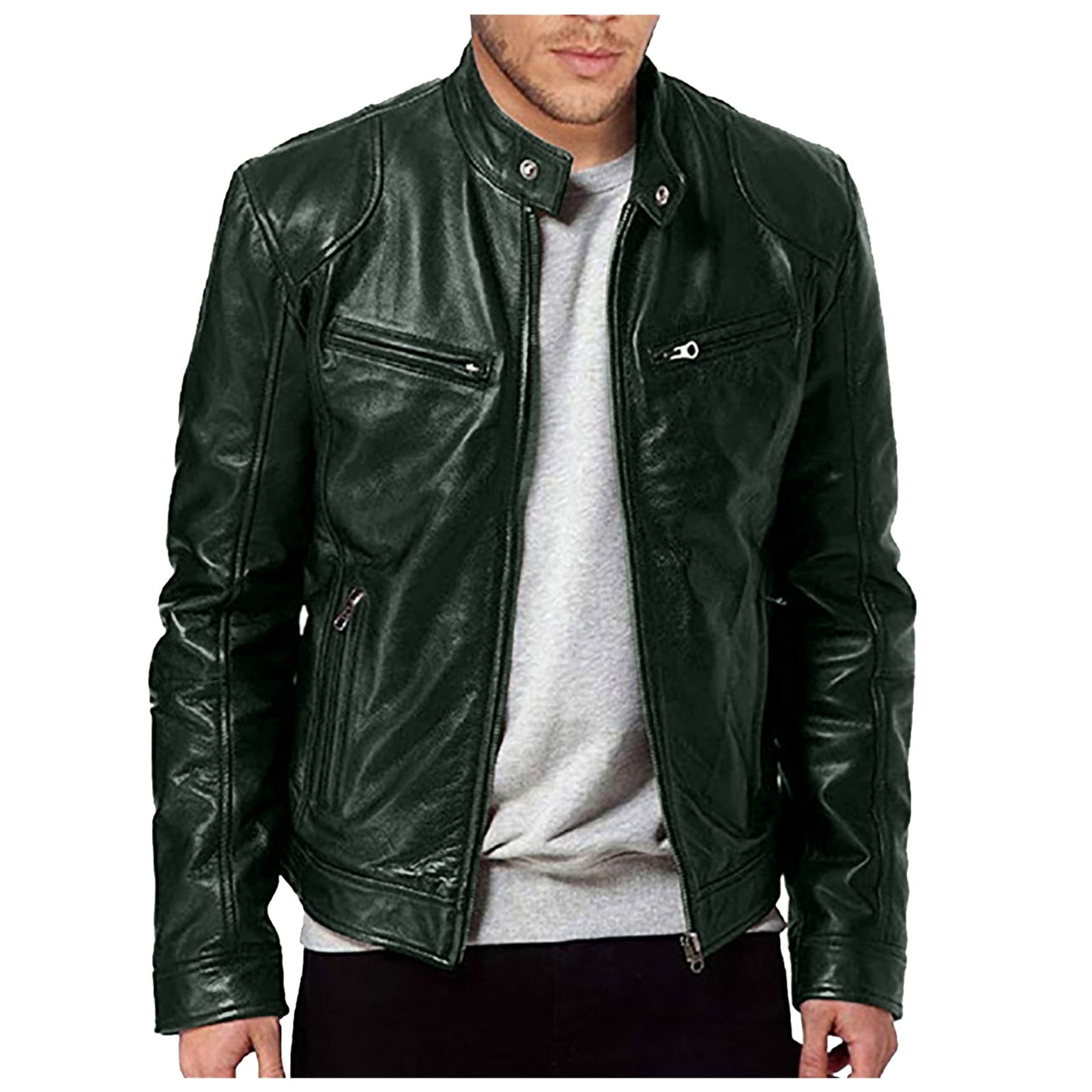 NOLDARES Men's Leather Jacket Casual Leather Motorcycle Jacket Lightweight Zip-Up Biker Coat Windbreaker(Green,S)