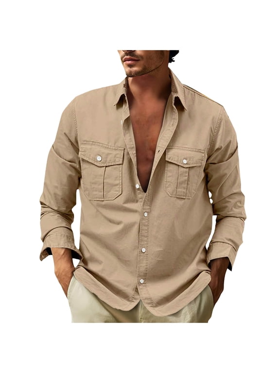 Men's Muscle Fit Dress Shirts -Free Long Sleeve Casual Button Up Shirts Formal Business Shirts(Khaki,3XL)