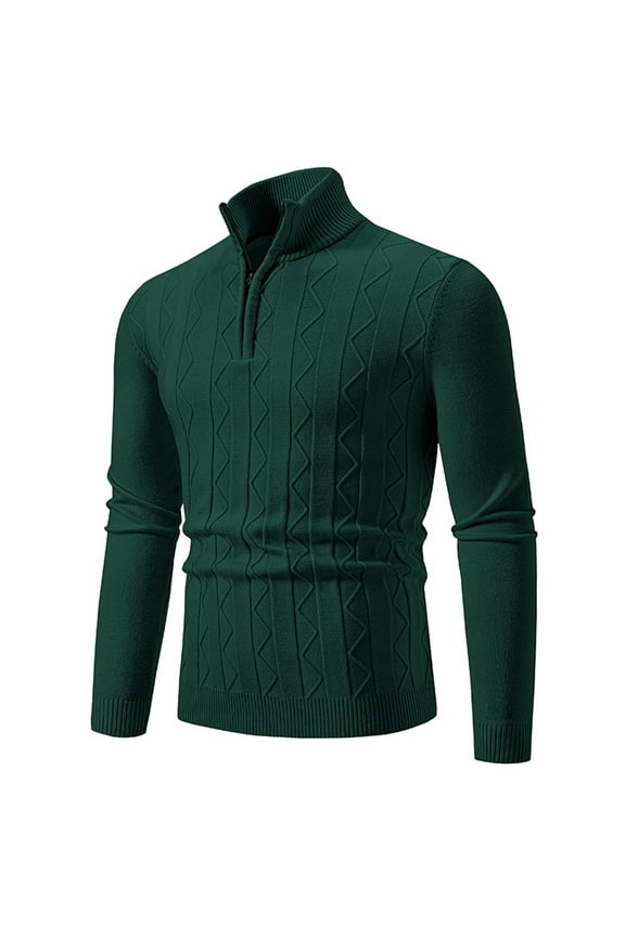 Men's Quarter-Zip Sweater Solid Color Warm Wool Half Zip Long Sleeve Sweater(Green,L)