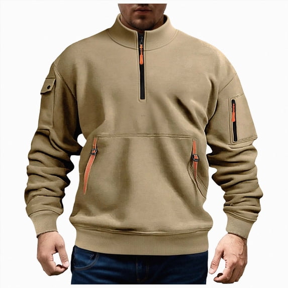 NOLDARES Men's Quarter Zip Up Lightweight Pullover Mock Neck Sweatshirts Long Sleeve Golf shirts Performance Athletic Casual,Khaki,M