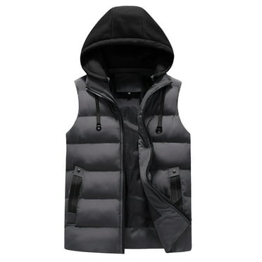 NOLDARES Men's Quilted Winter Vest Thicken Sleeveless Jacket with Hood Water-Resistant Sleeveless Jacket(Grey,XXL)