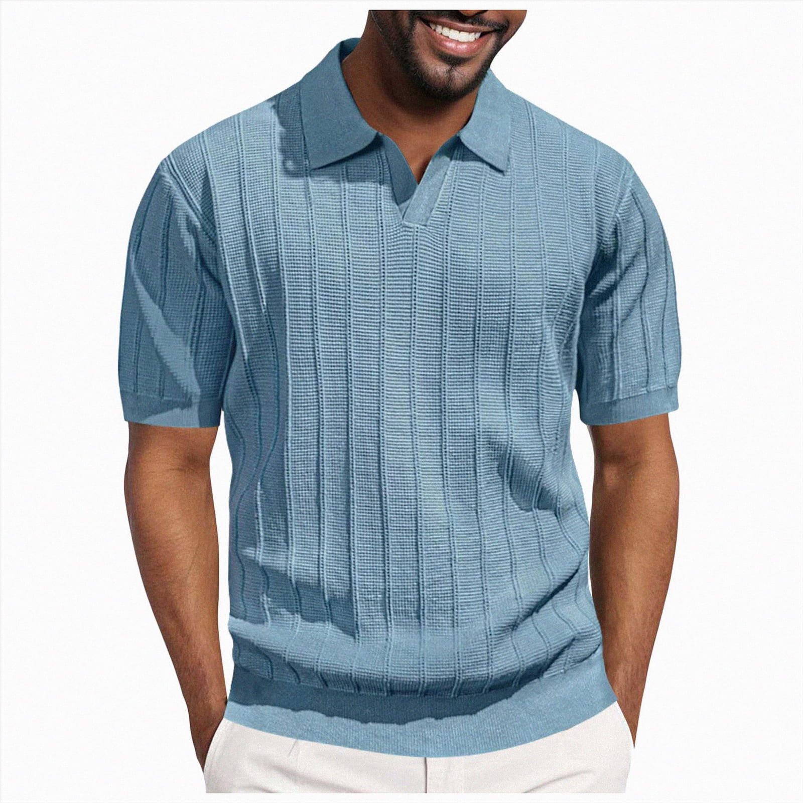 NOLDARES Men's Ribbed Knit Polo Shirt Collar Short Sleeve Golf Beach