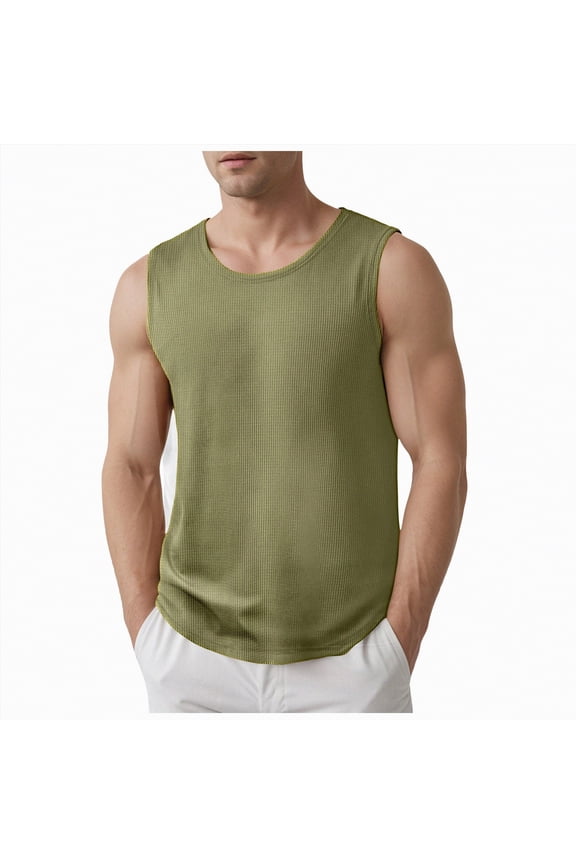 Men's Sleeveless Shirts Cotton Knit Workout Tank Tops Casual Muscle T Shirt Summer Beach Tee Loose Fit(AG,S)