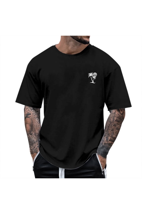 Men's Summer Short Sleeve Palm Tree Print T-Shirts Casual Slim Fit Graphic Tee Shirts(Black,M)