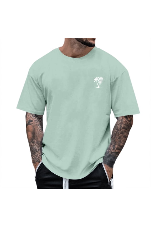 Men's Summer Short Sleeve Palm Tree Print T-Shirts Casual Slim Fit Graphic Tee Shirts(Green,M)