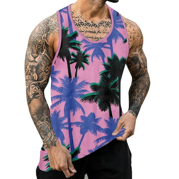 NOLDARES Men's Tank Tops Summer Graphic Beach Tank Tops for Men Running Tank Top Men Muscle Sleeveless Workout Shirts for Men(Pink,3XL)