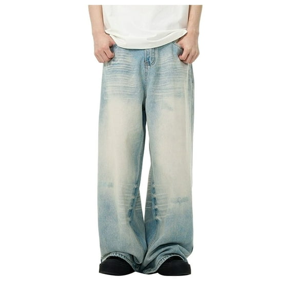 NOLDARES Men's Work Jeans Casual Cargo Solid Color Loose Fit Straight Wide Leg Denim Pants(Blue,XL)