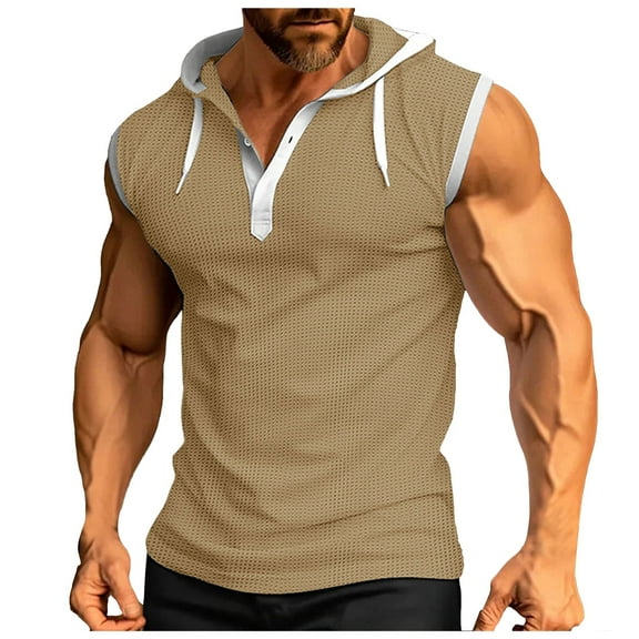 NOLDARES Men's Workout Hooded Tank Tops Sleeveless Gym Hoodies Bodybuilding Muscle Shirts(Khaki,XL)