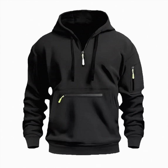 NOLDARES Mens Casual Cotton Hoodies Drawstring Quarter Zip Pullover Work Tactical Cargo Sweatshirts,Black,M
