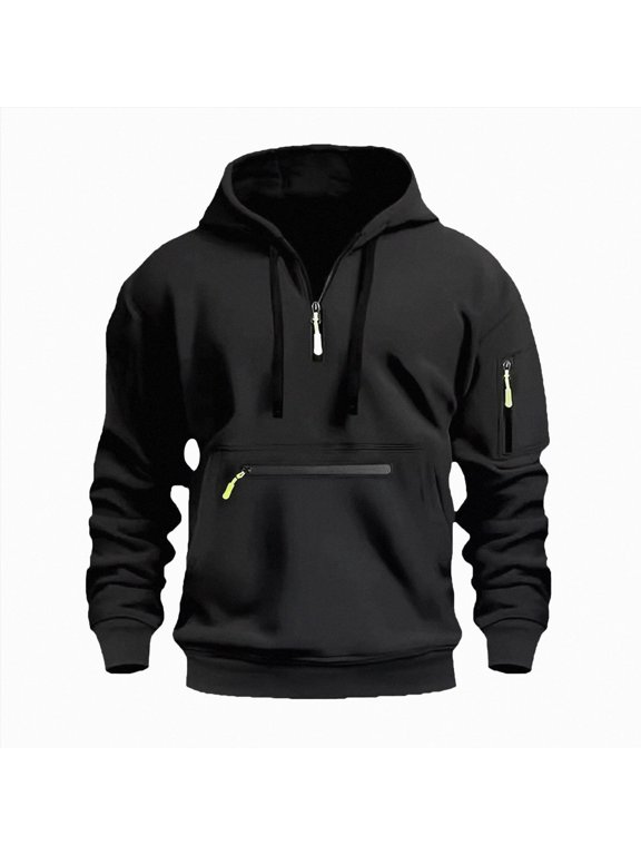Mens Casual Cotton Hoodies Drawstring Quarter Zip Pullover Work Tactical Cargo Sweatshirts,Black,XXL