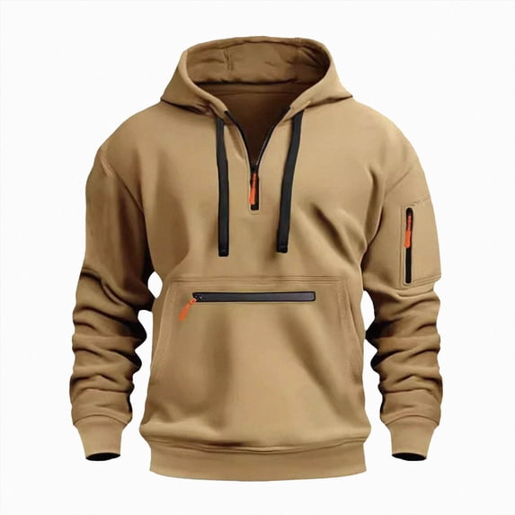 NOLDARES Mens Casual Cotton Hoodies Drawstring Quarter Zip Pullover Work Tactical Cargo Sweatshirts,Khaki,XL