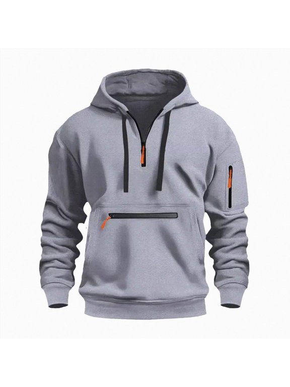 Mens Casual Cotton Hoodies Drawstring Quarter Zip Pullover Work Tactical Cargo Sweatshirts,Light Gray,XL