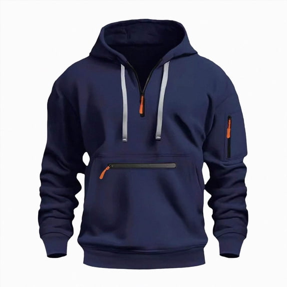 NOLDARES Mens Casual Cotton Hoodies Drawstring Quarter Zip Pullover Work Tactical Cargo Sweatshirts,Navy,M