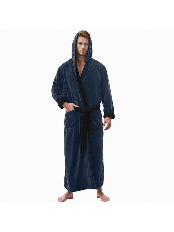 Mens Fleece Plush Robe with Hood Soft Fluffy Full Length Long with Pockets House Coat(Dark Blue,L)