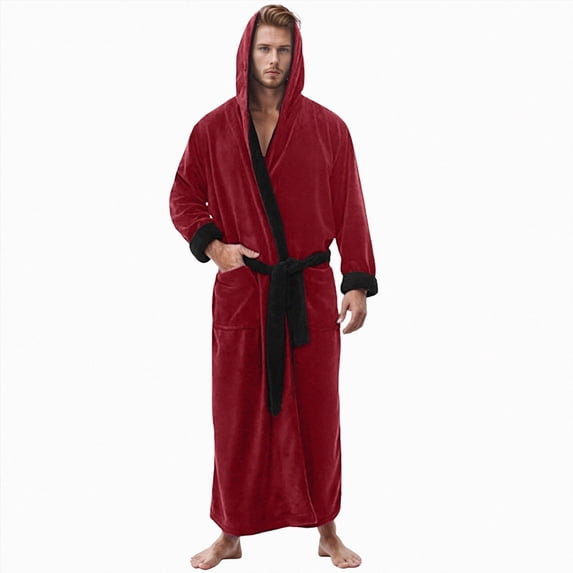 NOLDARES Mens Fleece Plush Robe with Hood Soft Fluffy Full Length Long with Pockets House Coat(Red,XL)
