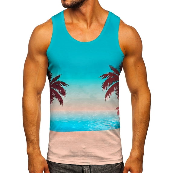 NOLDARES Mens Graphic Tank Tops Workout Gym Shirts Palm Tree Vintage Style T-Shirt(Z2-Blue,L)
