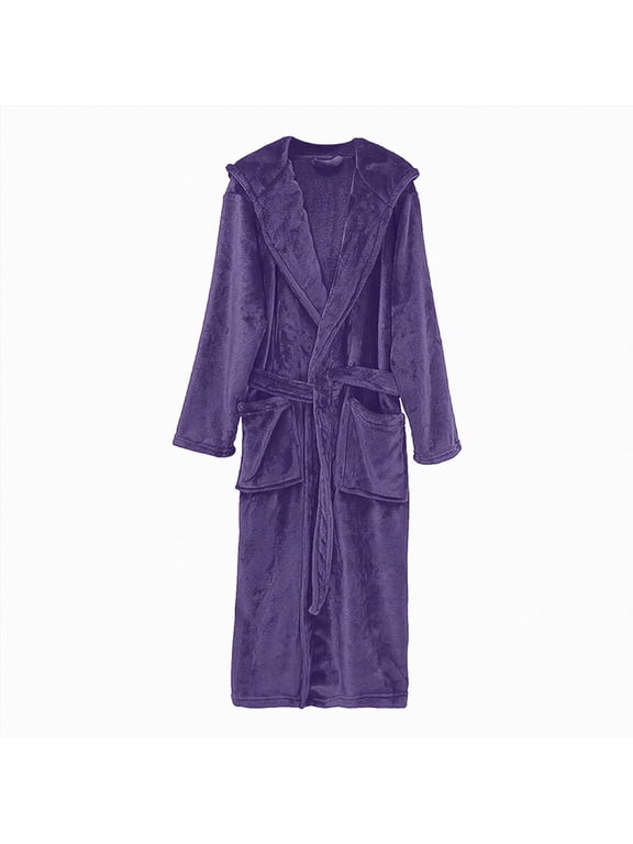 Mens Hooded Bathrobe Pure Cotton Terry Cloth Long Robe for Men Super Absorbent Quick Drying Spa Robe(Purple,One Size)