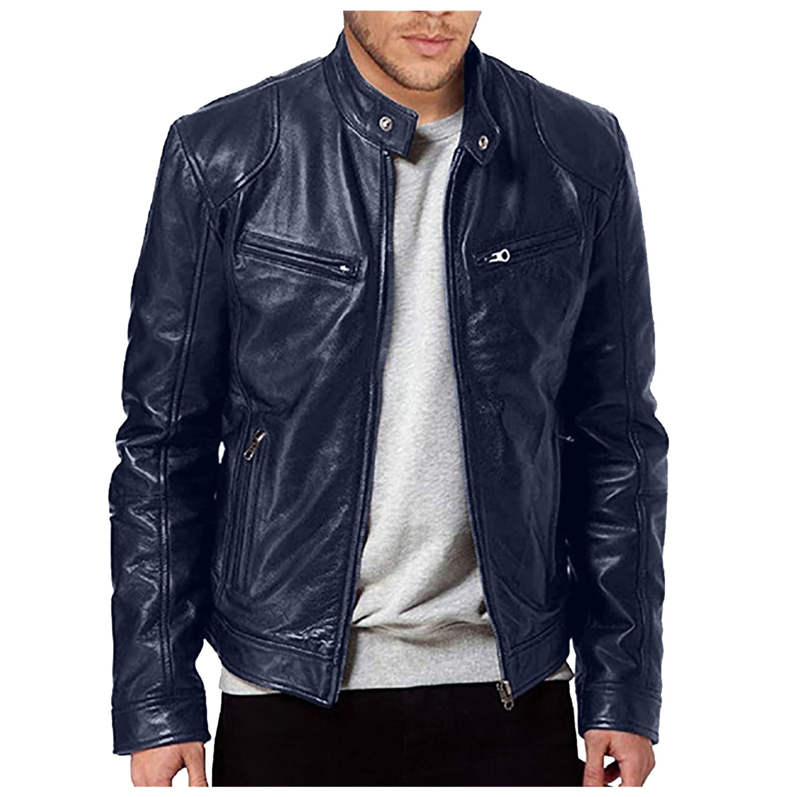 NOLDARES Mens Leather Jackets Casual Leather Motorcycle Jacket Biker Vintage Outwear(Blue,XL)