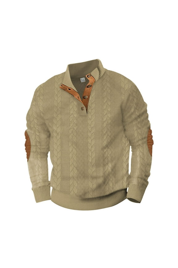 Men's Stand Collar Pullover Sweatshirt Long Sleeve Stand Collar Button Casual Pullover Sweater Jackets(Khaki,L)