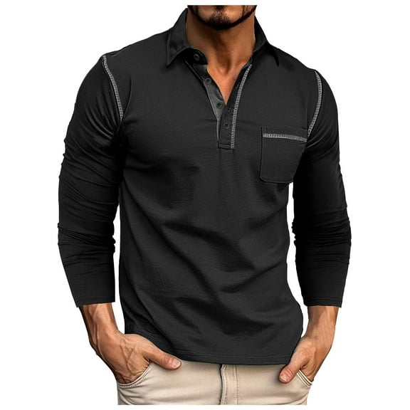 NOLDARES Mens Polo Long Sleeve Shirt Classic Button Basic Solid/Block Color Designed Collared Polo Shirt Fashion Casual Shirts(Black,L)
