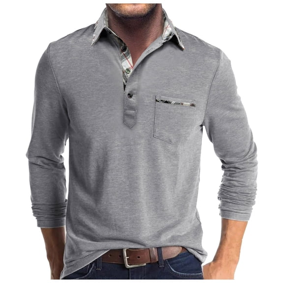 NOLDARES Mens Polo Long Sleeve Shirt Classic Button Basic Solid/Block Color Designed Collared Polo Shirt Fashion Casual Shirts(Light Gray,M)
