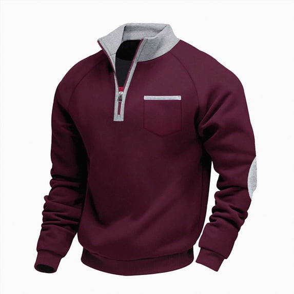 NOLDARES Mens Quarter Zip Pullover Mock Neck Quilted Sweatshirt Casual Long Sleeve Polo Sweater,Wine,XXL
