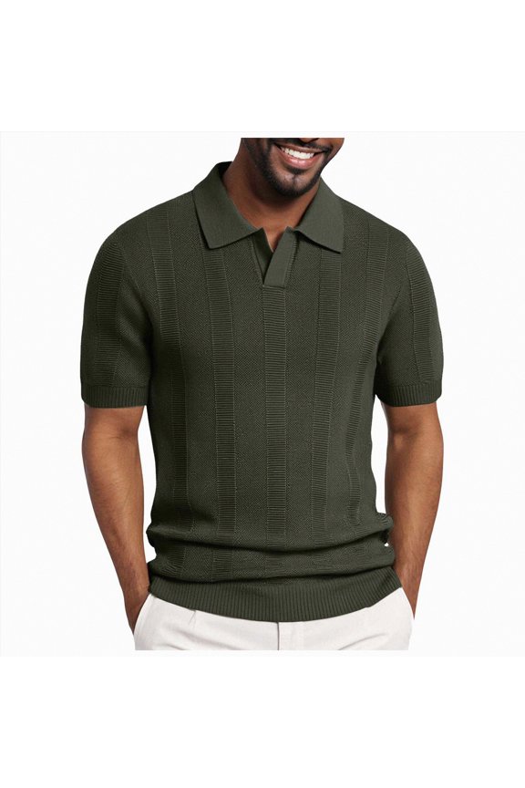 Mens Ribbed Knit Polo Shirt Classic Design Short Sleeve Collared Golf Casual Vacation Tops(AG,S)