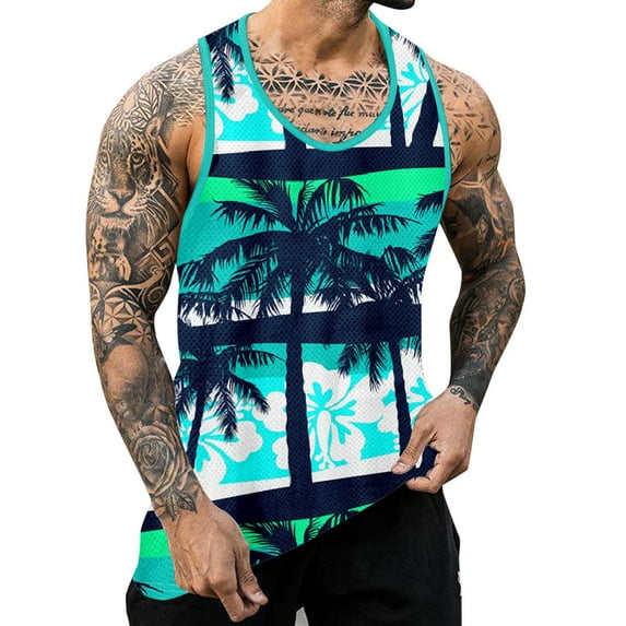 NOLDARES Mens Sleeveless Tank Tops Workout Gym Shirts Palm Tree Vintage Style T-Shirt(Mint Green,3XL)