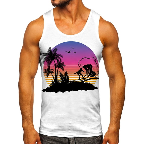 NOLDARES Mens Summer Beach Tank Top Palm Tree Print Sleeveless Basic Muscle Tee Vacation Tops(White,XXL)