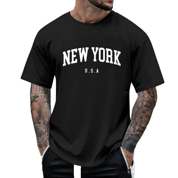 NOLDARES Mens T Shirts Oversized New York Novelty Letter Print Graphic T Shirts Short Sleeve Summer Loose Casual Tees Tunic Tops(Black,L)