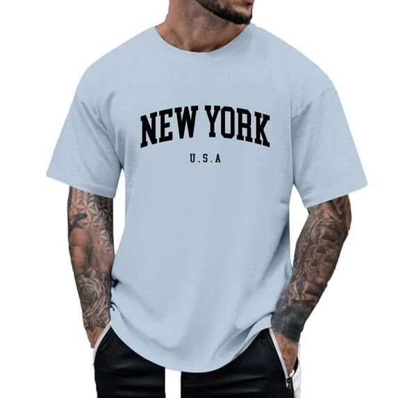 NOLDARES Mens T Shirts Oversized New York Novelty Letter Print Graphic T Shirts Short Sleeve Summer Loose Casual Tees Tunic Tops(Blue,XXL)