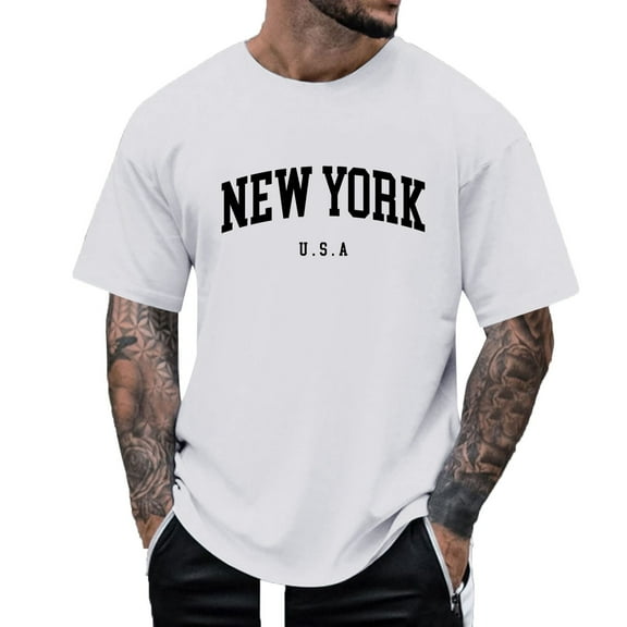 NOLDARES Mens T Shirts Oversized New York Novelty Letter Print Graphic T Shirts Short Sleeve Summer Loose Casual Tees Tunic Tops(White,3XL)