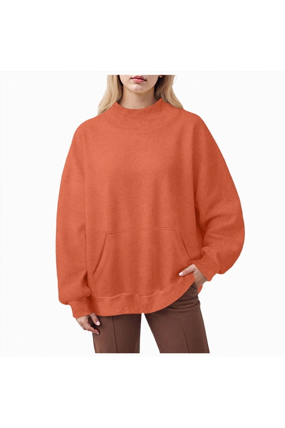 Mock Neck Sweatshirt Women Fall Oversized Turtleneck Lightweight Pullover Teens Long Sleeve Sweatshirts,Orange,3XL