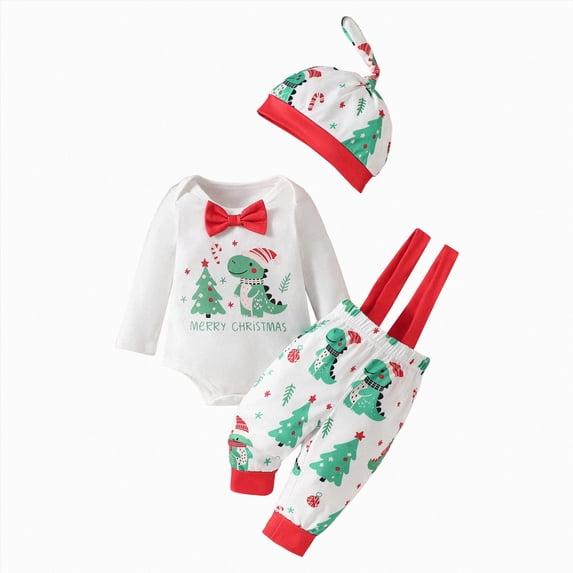 NOLDARES My First Christmas Outfit Baby Boy Girl Bodysuit Clothes Romper with Bow Tie+Suspender Pants+Santa Hat 3pcs Sets,0-3 M