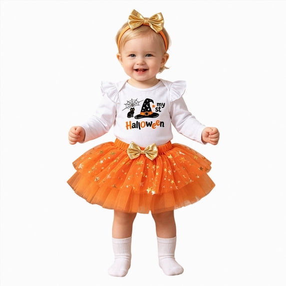 NOLDARES My First Halloween Baby Girl Outfit Pumpkin Patch Long Sleeve Romper and Pants Newborn Clothes for Girls(Yellow,18-24 Months)