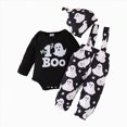 thumbnail image 1 of NOLDARES Newborn Baby Boy My 1st Halloween Outfit Ghost Print Romper Ghost Print Suspender Pants Overalls 3pcs Carnival Clothes Set(Black,6-9 M), 1 of 6