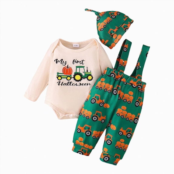 NOLDARES Newborn Baby Boy My 1st Halloween Outfit Ghost Print Romper Ghost Print Suspender Pants Overalls 3pcs Carnival Clothes Set(Green,9-12 M)
